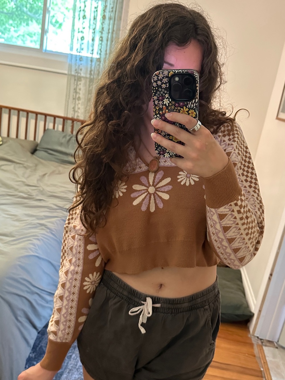 Altar'd State Brown Cropped Daisy Knit Sweater
